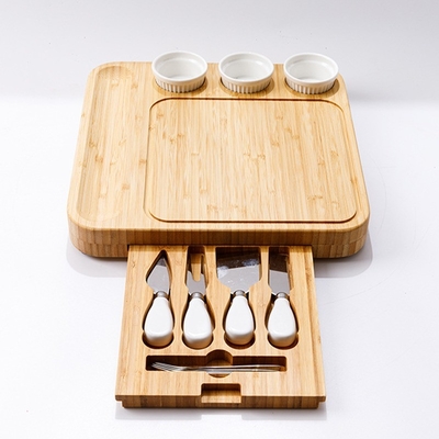 Bamboe Kaasbord en Messer Set Eco-vriendelijk Charcuterie Board met 3 keramische schalen