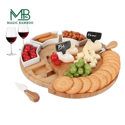 Natuurlijke afneembare snack keramische server schalen met ronde bamboe kaas bord 33X33X5CM