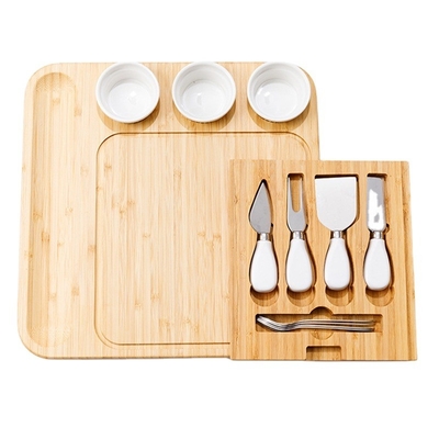 Vierhoekige hakblokken en 3 keramische schalen mes set bamboe kaas bord voor de keuken pizza cadeau
