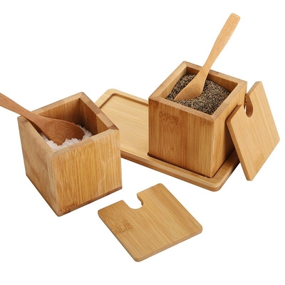 Natuurlijke bamboe vierkante zout kruiden droge opslag doos met deksel lepel 17x7.1x8.2cm
