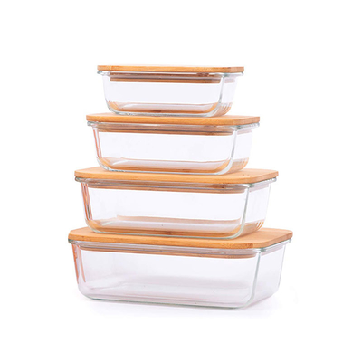 Keuken Vierkante glazen pot Lunch Box Container met bamboe deksel Aanpasbaar en duurzaam