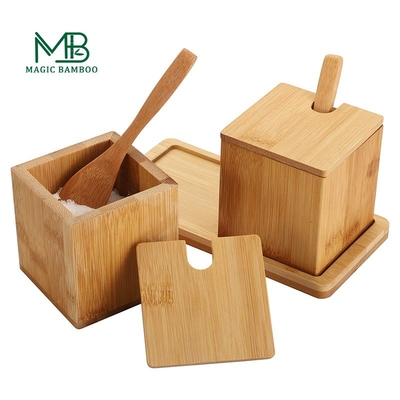 Direct van Complete Natural Bamboo Salt Spice Box 17x7.1x8.2cm met deksellepel en dienblad