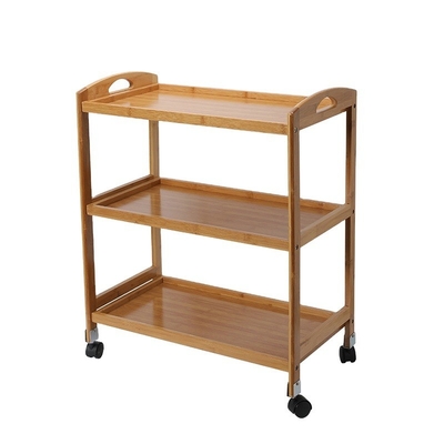 Direct aangepast logo 3 Tiers Island Cart voor hotel met bamboe materiaal en wielen