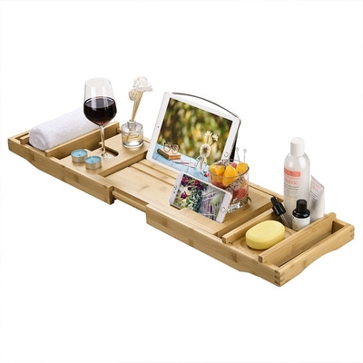 Verlengbare zijkanten Luxe bamboe badkamer Caddy diensten voor boeken Tabletten en wijnglas