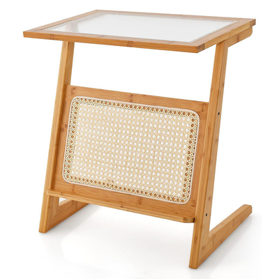Natural Color Z-Shaped Bamboo And Rattan End Table Met Glas Top En Magazine Rack