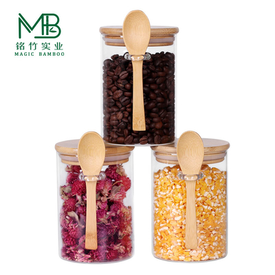 Groothandel 10 oz kleine glazen potten voor thee koffie bonen snoep met bamboe deksels en lepels
